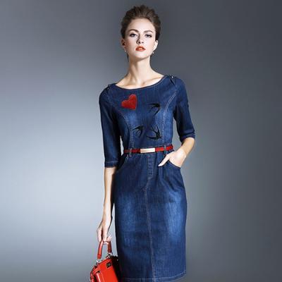 ĐẦM JEAN CỔ TRÒN TAY LỠ THÊU ÉN - NJ919